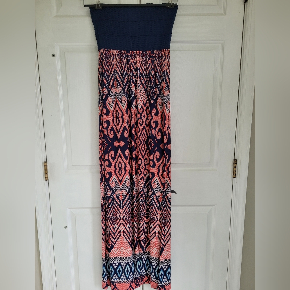 Navy and Coral Patterned Maxi Skirt